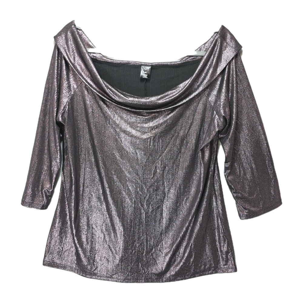 City Streets Y2K Metallic Blouse Womens XXL 2XL Off Shoulder Purple Shiny Disco